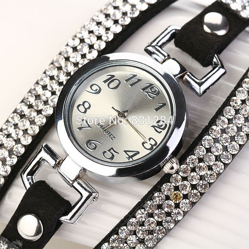 Rhinestone Leather Round Bracelet Wristwatches Rhinestone Leather Round Bracelet Wristwatches
