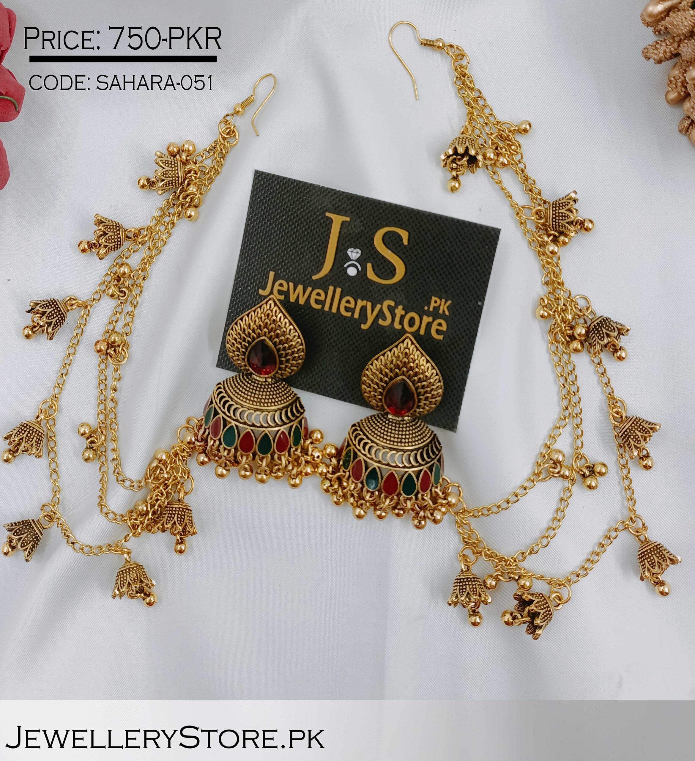 Buy Gold Plated Jadtar Stone Ear Chain Floral Bead Jhumkas by Riana  Jewellery Online at Aza Fashions.