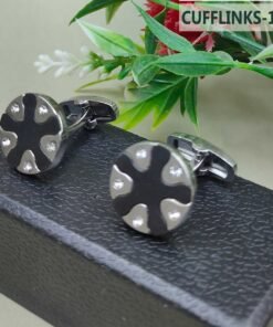 Branded Black & Silver Round Cufflinks Stud