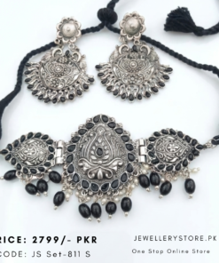 Antique Indian Oxidized Silver Choker Set With Jhumka
