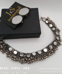 Antique Indian Oxidized Mirror Choker Set
