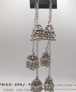 Golden And Silver Jhumka Earrings with Long Chain