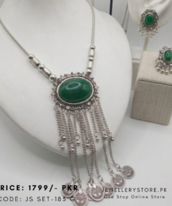 Oxidized Mala Necklace With Big Stone Pendant & Earrings