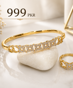 Elegant Silver & Golden Zircon Bracelet With Ring