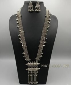 Oxidised Silver Long Necklace Set with Jhumka Earrings | Antique Boho Jewellery |
