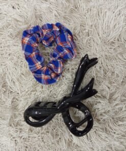 Blue Check Scrunchie & Black Hair Claw Clip