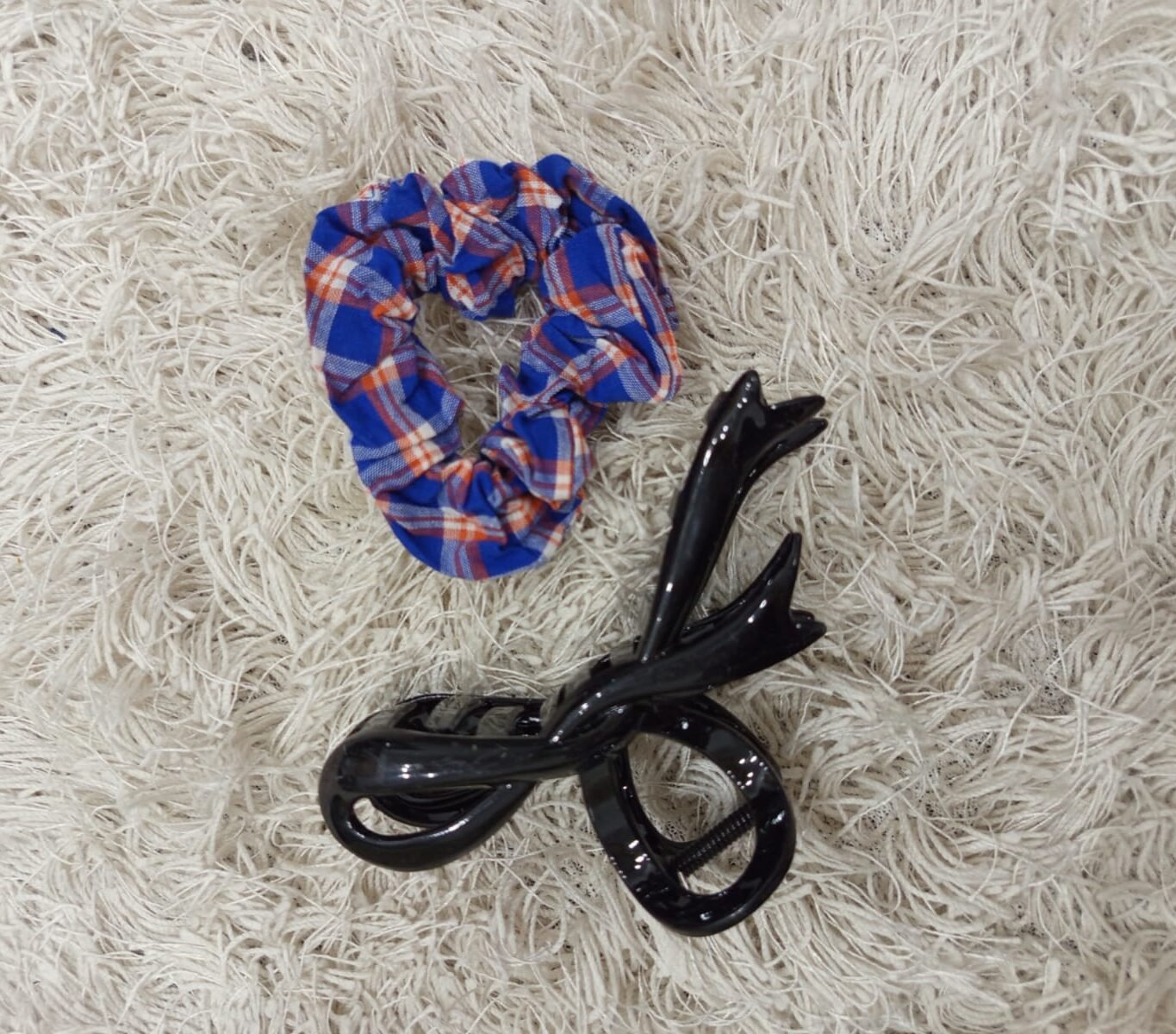 Blue Check Scrunchie & Black Hair Claw Clip Blue Check Scrunchie & Black Hair Claw Clip