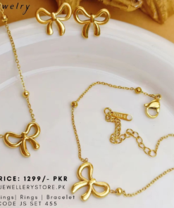 Korean Bow Jewelry Set | Gold Stainless Steel Earrings, Necklace & Bracelet Set