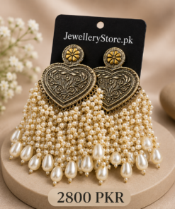 Antique Heart Pearl Tassel Earrings – Premium Bridal Jewelry for Women