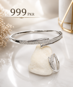 Elegant Silver & Golden Zircon Bracelet With Ring for Women