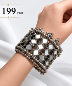 Oxidised Silver Shisha Kundal Bracelet | Handcrafted Mirror Work Wide Cuff Bangle | Traditional Afghan Tribal Jewelry