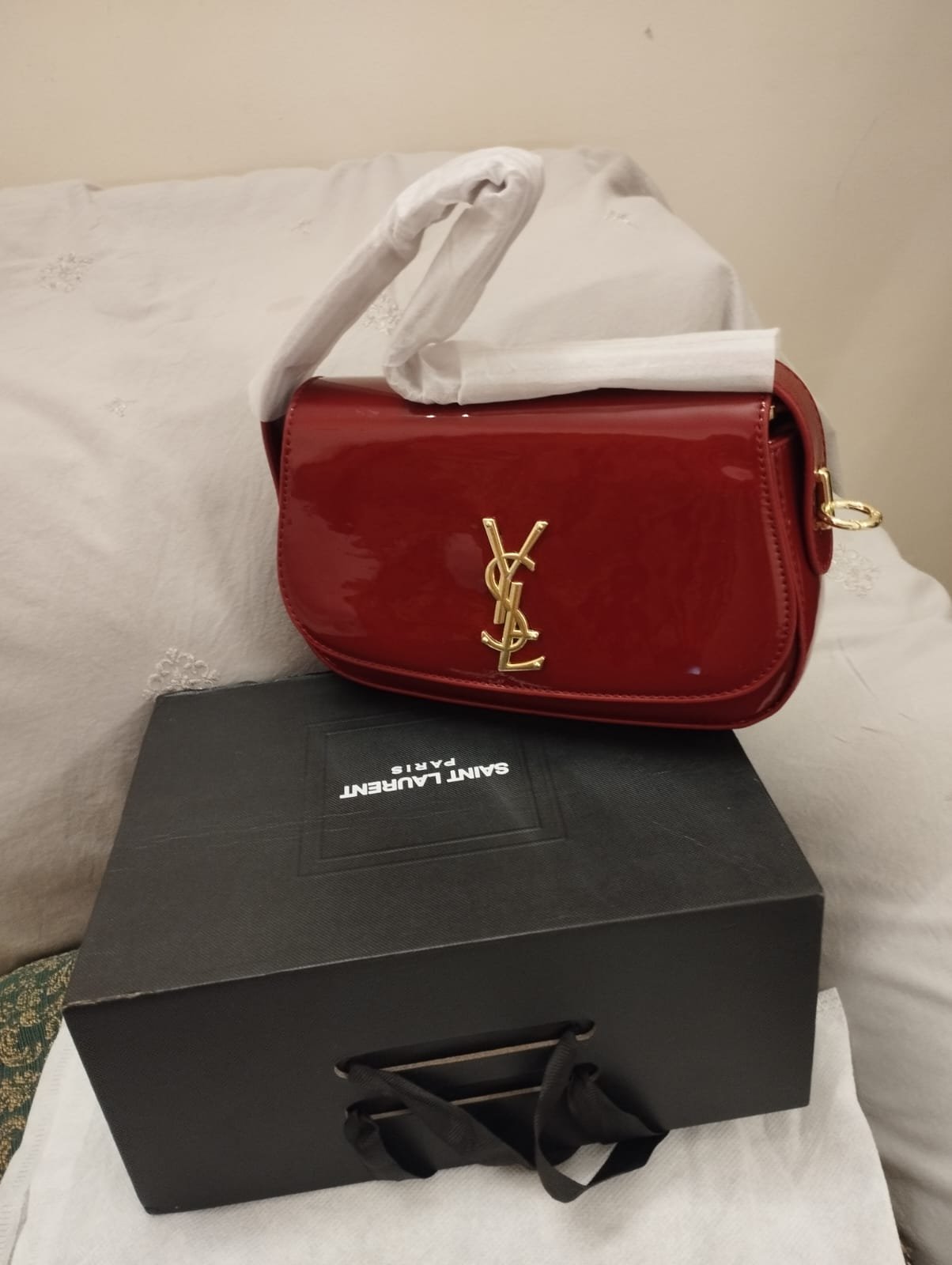 Saint Laurent Style Red Patent Shoulder Bag