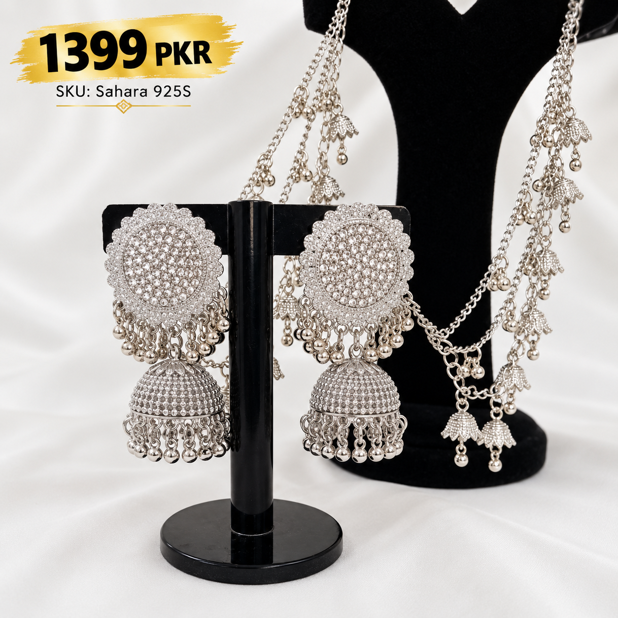 silver jhumka with sahara