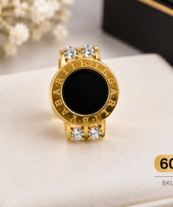 Gold-Tone Stainless Steel Ring with Black Center and Crystal Accents