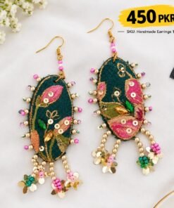 Handmade Embroidered Green & Pink Drop Earrings